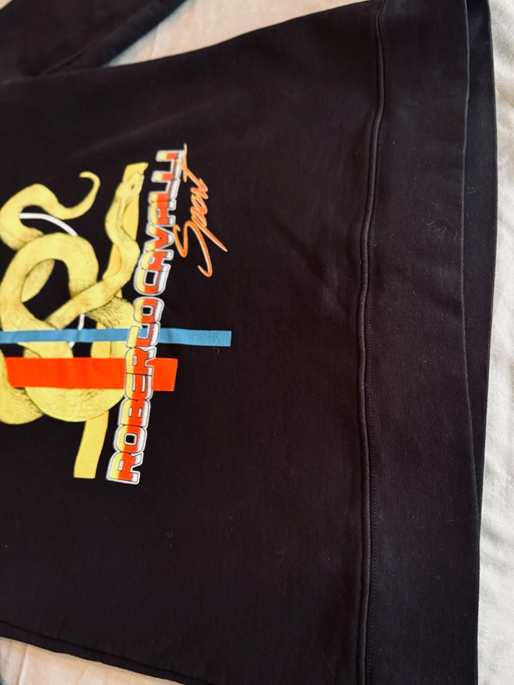 ROBERTO CAVALLI Black Crewneck Sweatshirt w Retro Yellow & Red Snake Graphic - Picture 5 of 12